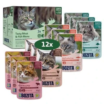Afbeelding van Bozita natvoer van gelei met vis en vlees, 12 zakjes à 85 g graanvrij tarwevrij voer voor katten, volwassen katten 8,5% eiwit 4,5