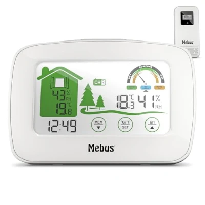 Afbeelding van MEBUS funkgesteuerte Wetterstation mit buitenensor, thermometer/hygrometer (binnen/buiten), Wohlfühlindikator bewertet Raumklima, Min /Max functie, Beleuchtung, Wecker, Kleur: wit, Model: 40903