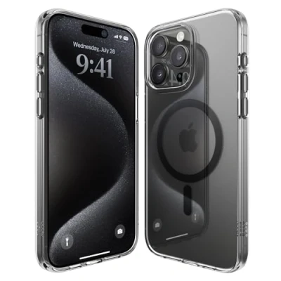 Afbeelding van elago Magnetische hybride transparante beschermhoes, compatibel met iPhone 15 Pro Max, MagSafe oplader, PC+TPU technologie, Amerikaanse militaire valbescherming (zwart)