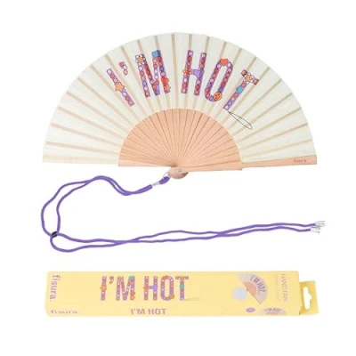 Afbeelding van Fisura Originele houten waaier met opschrift &quot;I&#039;m hot&quot;, moderne en kleurrijke in beige praktische ophanghaak, perfect accessoire voor warme zomerdagen, afmetingen
