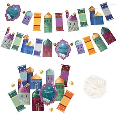 Afbeelding van Papierdrachen Ramadan slinger, 10 m, kleurrijke patronen met goudfolie, doe het zelf decoratie voor jongens, meisjes en volwassenen, prachtig decoratief design ramadan, 1 stuk