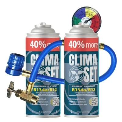 Afbeelding van ClimaSet Vervanging van koelgas R134a, voor airconditioning met manometer, klimaatbeheersing, airconditioner, flexibel beheersen klimaat, navulling airco auto, gaspatroon, eco, 2x 235 g