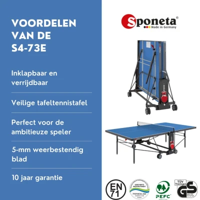 Afbeelding van Sponeta® S4 73e Tafeltennistafel Outdoor Expertline Pingpongtafel voor buiten Speeltoestel Inklapbaar Zelftrainer Inclusief batshouder 5mm weersbestendig blauw blad 10 Jaar garantie LxBxH 274x152,5x76cm Made in Germany