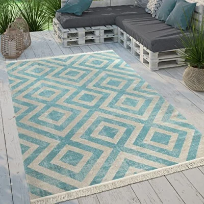 Afbeelding van Paco Home Platgeweven tapijt voor binnen en buiten met modern ruitmotief terras balkon 80x150 cm