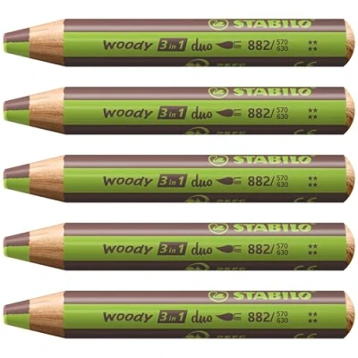 Afbeelding van STABILO woody Duo Kleurpotloden, aquarel en waskrijt, 3 in 1, duo, tweekleurige vulling, lichtgroen/bruin, 5 stuks