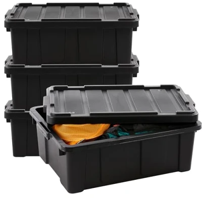 Image de Iris Ohyama, Caisse Rangement avec Couvercle Robuste, 43L, Lot de 4, Noir, Compact, Durable, Empilable, pour Garage, Etagères, Déménagement, Plastique, Boite a Outils, Bac Rangement, DDSKT 430