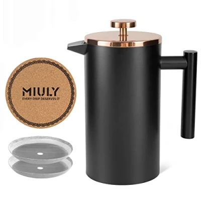 Afbeelding van MaxMiuly French Press Koffiezetapparaat van roestvrij staal, dubbelwandig, 1 l, 6 kopjes, 350 ml, 1000 met filter en schotel, zwart/goud