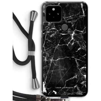 Afbeelding van Case Company® hoesje met Koord geschikt voor Google Pixel 5 Zwart Marmer Telefoonhoesje Bescherming aan alle Kanten en Over de Schermrand