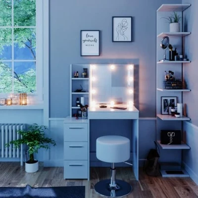Afbeelding van Vicco Make uptafel set met kruk Meryl, Wit, 79.9 cm LED verlichting en