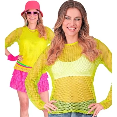 Afbeelding van Widmann Jaren 80 &amp; 90 Kostuum Visnet Shirt Neon Geel Vrouw Small / Medium Carnavalskleding Verkleedkleding