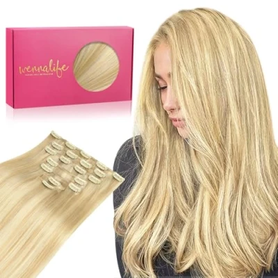 Afbeelding van WENNALIFE Clip in haarverlengingen met echt natuurlijk haar, 120 g, lichtblond, 7 stuks, goudblond, Remy haar