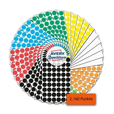 Afbeelding van AVERY Zweckform Set van 2 160 zelfklevende markeerpunten (diameter 12 mm, 8 kleuren met elk 270 plakpunten, 5 vellen, kleurcodering, ronde kalenderstickers