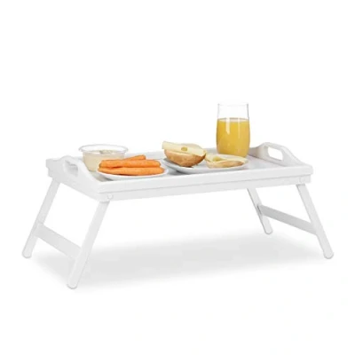 Afbeelding van Relaxdays bedtafel bamboe wit dienbladtafel dienblad bed opstaande rand vouwtafel