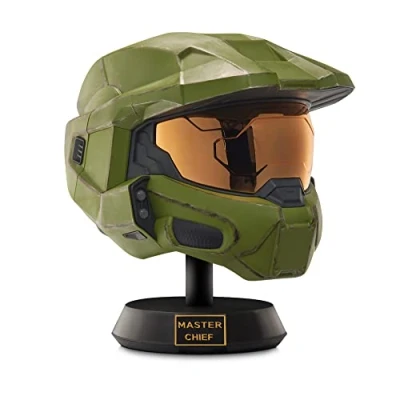 Afbeelding van Halo Master Chief Luxe helm met standaard LED verlichting aan elke kant gevechtsbeschadigd schilderij één maat bouw je universum