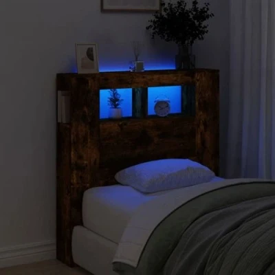 Afbeelding van Hoofdeinde met LED 100x18,5x103,5 cm bewerkt hout gerookt eiken
