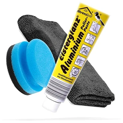 Afbeelding van detailmate Polijstset met XXL tube van 150 ml, aluminium polijstpasta + hoogwaardige microvezeldoek spons, reinigt, polijst en behoudt oppervlakken