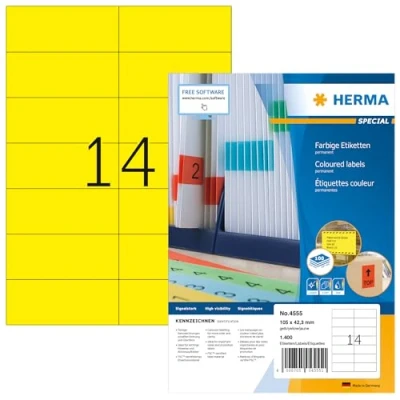 Afbeelding van HERMA 4555 gekleurde etiketten DIN A4 (105 x 42,3 mm, 100 vellen mat papier) zelfklevend, bedrukbaar, permanent etiketten, 1400 zelfklevende geel