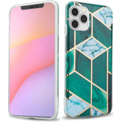 Afbeelding van Cadorabo Hoesje geschikt voor Apple iPhone 12 / PRO in Donkergroen Wit Goud Marmer No. 6 Beschermhoes gemaakt van TPU siliconen Case Cover met mozaïek motief