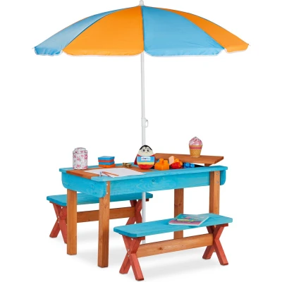 Afbeelding van Relaxdays picknicktafel kind met parasol speeltafel zandtafel 2 banken