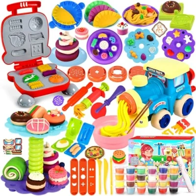 Afbeelding van ZLPBAO 85 stuks kneedgereedschap voor kinderen, boetseerklei accessoires met 24 dozen klei boetseerpastamachine, speelset, hamburger, ijs, speelgoed
