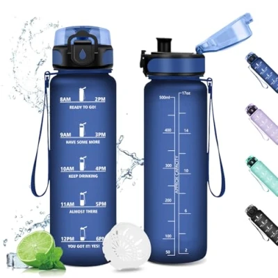 Afbeelding van 500 ml waterfles, waterfles met filter voor kinderen, lekvrije sportfles motiverende tijdweergave, fietsfles, sportschool, school, gym