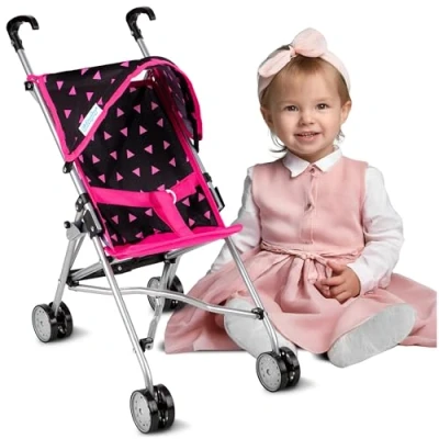 Afbeelding van Kinderplay KP0290R Poppenbuggy, kinderwagen, poppenwagen, speelgoed voor meisjes, lichtgewicht en stabiel design, hoogte tot handvat 54 cm,