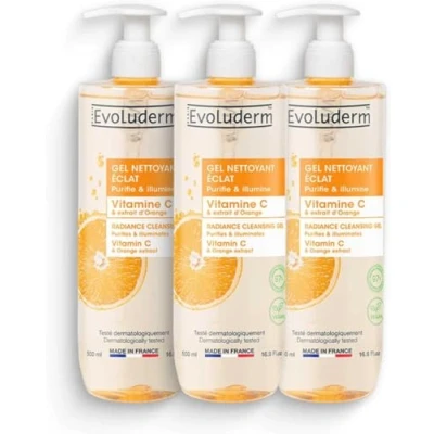 Afbeelding van EVOLUDERM Vitamine C glansreinigingsgel 500 ml 97% natuurlijke oorsprong veganistisch gemaakt in Frankrijk 3 x