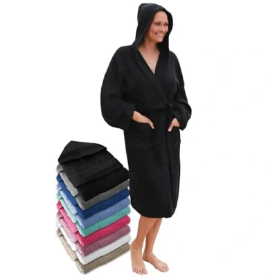 Afbeelding van LEBENGOOD Uniseks badjas met capuchon, 100% katoen, Amerikaanse badstof, 400 g, zakken, zachte badjas, douchehanddoek, zwart.