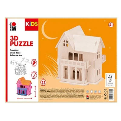 Afbeelding van Marabu KiDS 31700000012 3D houten puzzel droomhuis met 33 puzzelstukjes van FSC gecertificeerd hout, ca. 16 x 20 cm, eenvoudig te monteren, schilderen en personaliseren