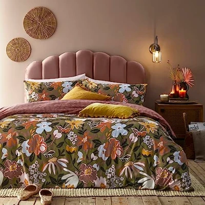Afbeelding van Furn Home + Style Asterea Duvet cover set 2 persoons dekbedovertrek groen met bloemen 200 x cm inclusief kussenslopen