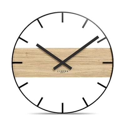 Afbeelding van Cander Berlin MARLIT Vintage stille wandklok 33 cm metaal hout eiken fineer moderne tikkend geluid voor woonkamer zwart