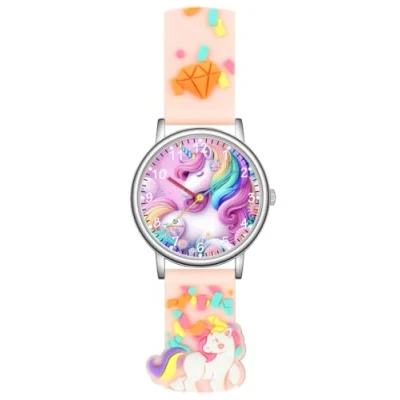 Afbeelding van Alienwork Kids Educatief Horloge Leer de Tijd Kinderen Jongen Meisje Leertijd Siliconen Lichtgewicht Zacht Waterdicht, Eenhoorn/Zilver/Roze/Roze Rubberen Armband Veelkleurig