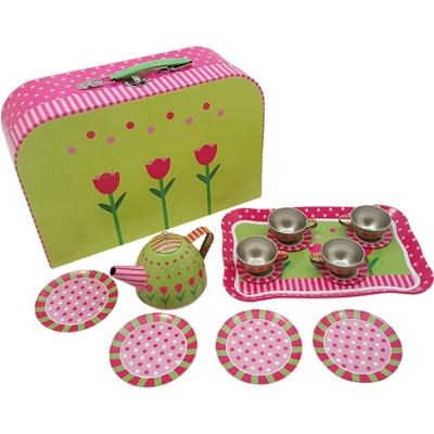 Afbeelding van Blikken servies tulpen in koffer tinnen theeservies serviesje