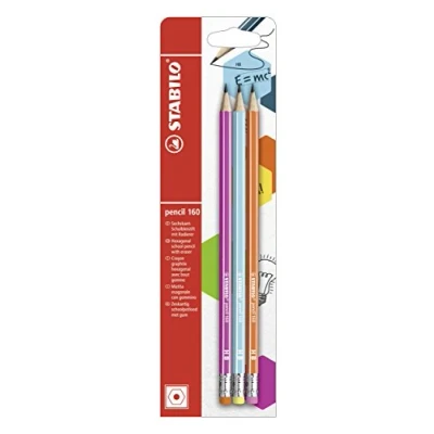 Image de Crayon graphite hexagonal avec gomme STABILO Pencil 160 Lot de 3 Rose, bleu, orange HB