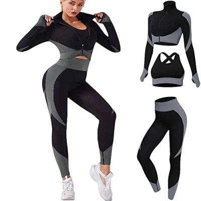 Afbeelding van Veriliss 3 delig trainingspak voor dames, naadloze yoga legging en rekbare sportbeha, joggingpak met capuchon, fitnesstrainingspak, joggen, tennis, hardlopen, Zwart Grijs