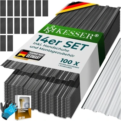 Afbeelding van KESSER® Set van 14 trapeziumplaten 110 cm x 46 = 7 m² Dakplaat voor tuinhuis Dakplaten verzinkt staal 0,25 mm Met montagehandschoenen Groen