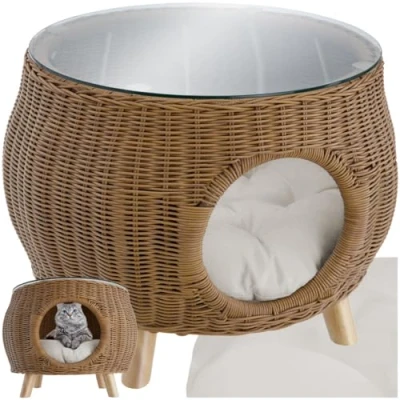 Afbeelding van tectake® Wicker salontafel met huisdierbed Bijzettafel polyrotanweefsel, aluminium frame + houten poten Veiligheidsglas Wasbaar kussen Eenvoudig schoon te maken