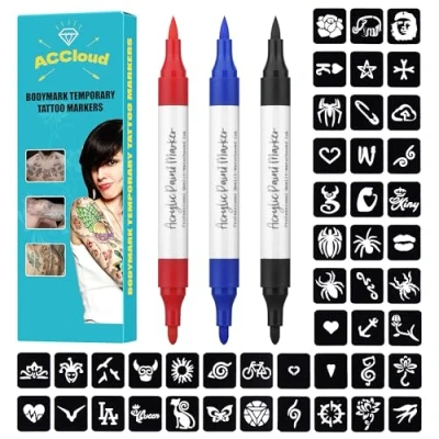 Afbeelding van ACCloud Tijdelijke tatoeages voor de huid, 3 lichaamsmarkers + 63 tattoo sjablonenset, zachte kop, tweekleurige flexibele borstel