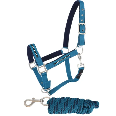 Afbeelding van HKM Halster + Touw Crystal Zacht Onderlegd Petrol/navy Full