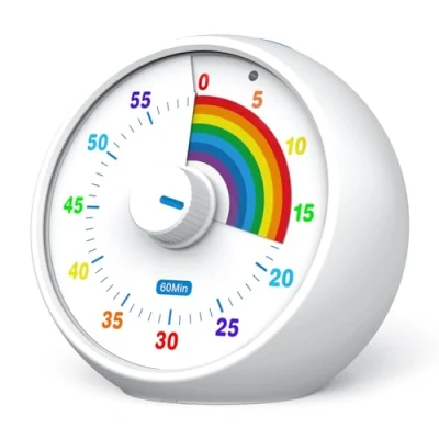Afbeelding van Visual timer voor kinderen, keuken klaslokaal 60 minuten aftellen, tijdmanagementgereedschap stille bediening, pomodoro regenboog patroon (wit)