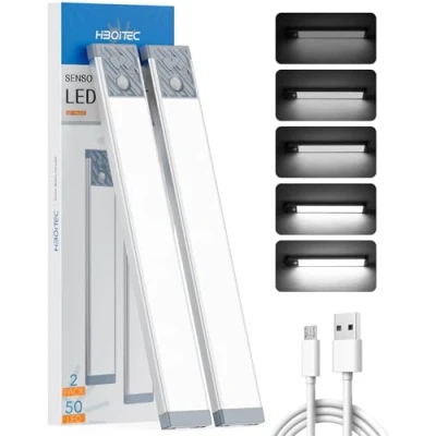 Afbeelding van HIBOITEC 2500 mAh USB oplaadbare bewegingsmelderlamp 50 leds draadloos voor onder de kast, keuken, trappen, hal, 2 detectiemodi (beweging, beweging en licht)