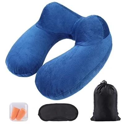 Afbeelding van AiQInu Opblaasbaar, compact reiskussen met wasbare kussensloop, slaapmasker + oordopjes draagtas, voor vliegtuig en trein