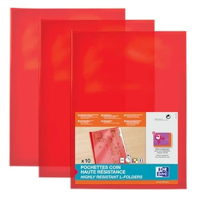 Afbeelding van OXFORD Lot de 100 Pochettes Coin Haute Résistance A4 PVC Lisse Epaisseur 15/100ème Rouge