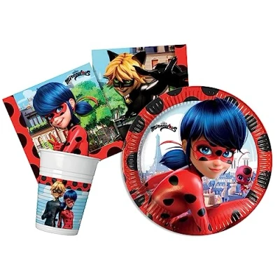Afbeelding van Miraculous Ladybug partytafelset voor 8 personen (36 stuks: borden Ø 23 cm, glazen 200 ml, 20 servetten 33 x cm)
