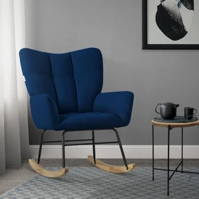 Afbeelding van schommelstoel met armleuningen in badstof donkerblauw tot 120 kg Houten Relaxfauteuil