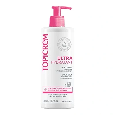 Image de Topicrem Ultra Hydratant Lait Corps Hydrate 48h, Relipide, Protège la Peau Texture Onctueuse, Odeur Délicate Crème Hydratante pour Peaux Sensibles Fabrication Française 500 ml