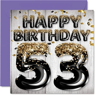 Afbeelding van Stuff4 Verjaardagskaart voor mannen Zwarte en gouden glitterballonnen Verjaardagskaarten van 53 jaar, papa, opa, oom, 145 mm x