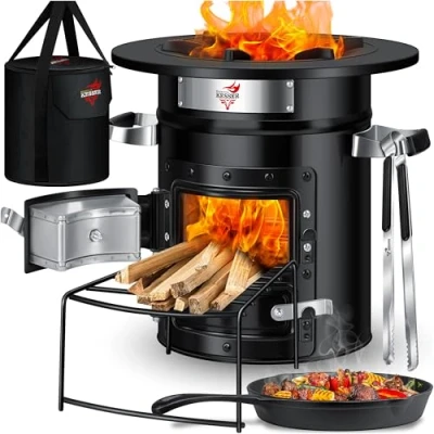 Afbeelding van KESSER® Raketoven met gietijzeren pan draagtas, Dutch Oven BBQ houtkachel camping grill roestvrij staal zwart