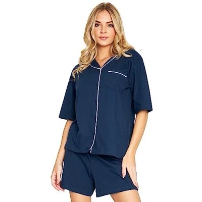 Afbeelding van Pyjama voor dames, shorts en overhemd, katoen, pyjamaset knoopsluiting, vooraan, korte pyjama, loungewear, nachtkleding, meisjes, jongeren, zomer, maten S XL, Blauw/Wit