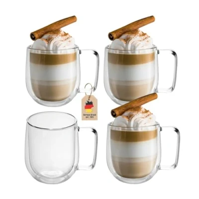 Afbeelding van Intirilife 4x dubbelwandig thermoglas set in 250 ml koffiemok thermoglazen mondgeblazen geïsoleerd latte macchiato theeglas koffieglas met handvat